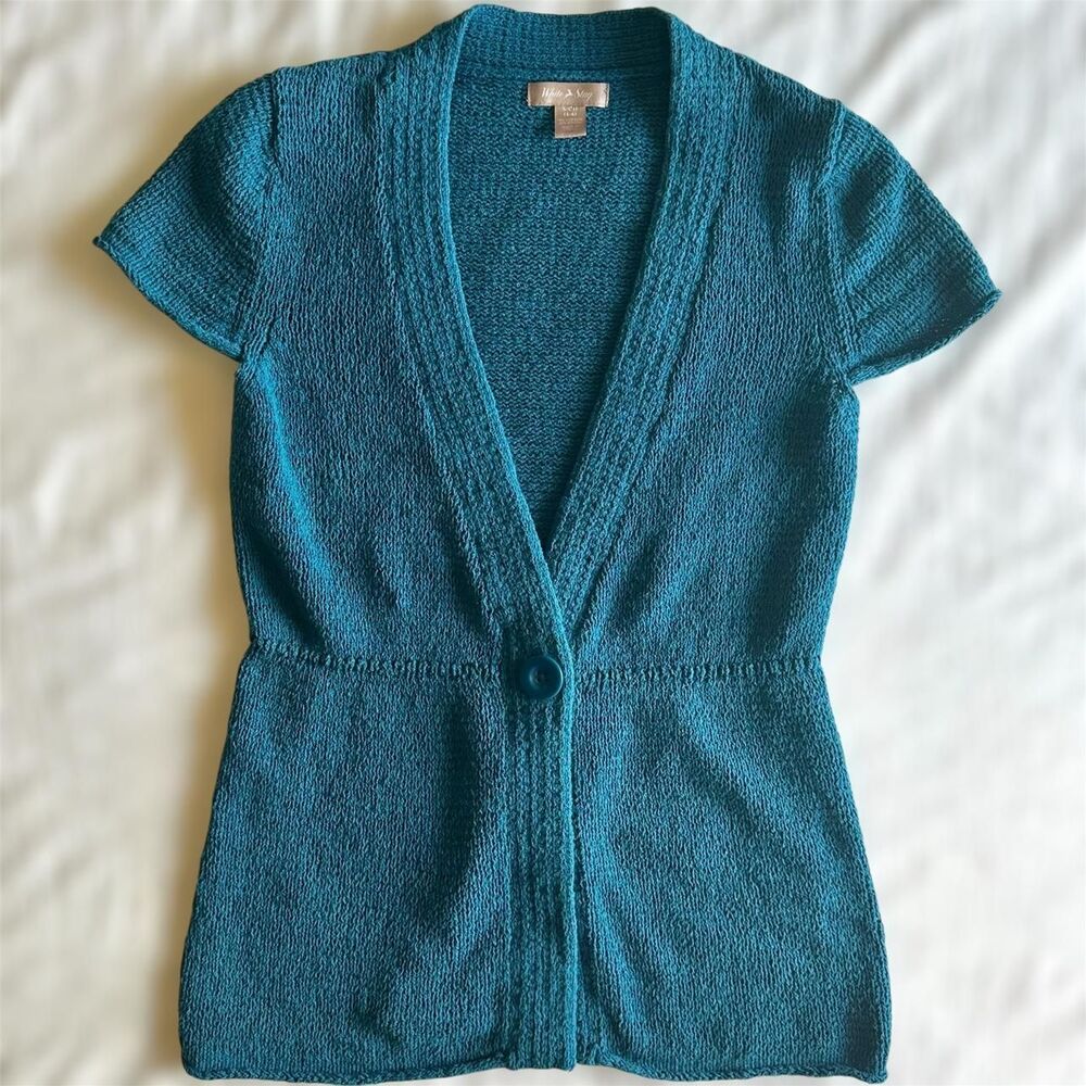 White Stag Teal Knit Short Sleeve Button Front Cardigan Sz S Twee Whimsigoth Alt